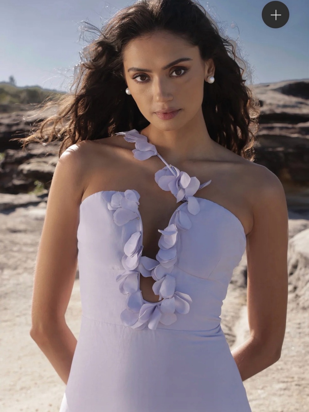 Sonya Moda for Anthropologie One-Shoulder Lilac Petal-Trim maxi Dress